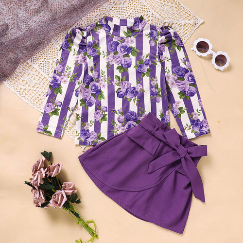 Toddler Girl Purple Rose Print Girls Outfit, Spring Fall Stripe Top