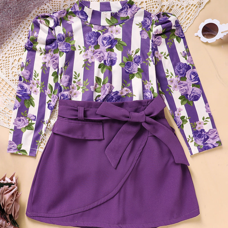 Toddler Girl Purple Rose Print Girls Outfit, Spring Fall Stripe Top