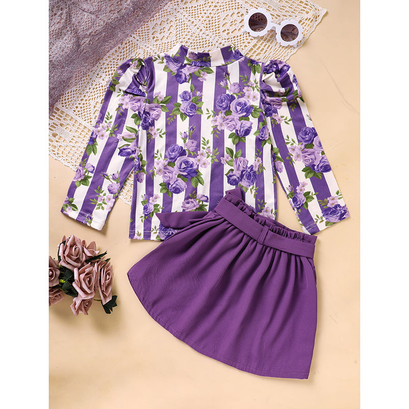 Toddler Girl Purple Rose Print Girls Outfit, Spring Fall Stripe Top