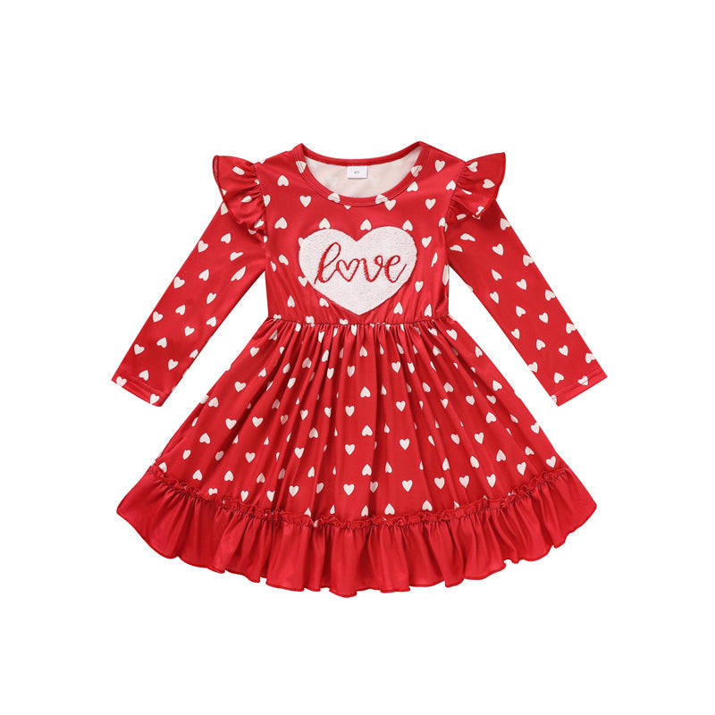 Toddler Girl's Cute 'LOVE' Embroidered Dress, Heart Print Long Sleeve