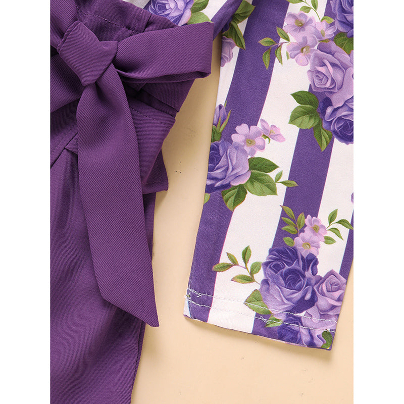 Toddler Girl Purple Rose Print Girls Outfit, Spring Fall Stripe Top