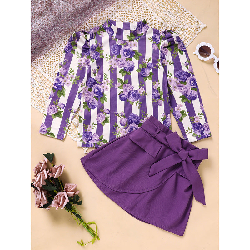 Toddler Girl Purple Rose Print Girls Outfit, Spring Fall Stripe Top
