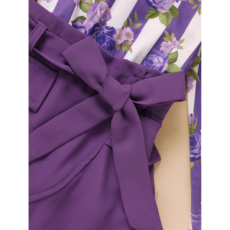 Toddler Girl Purple Rose Print Girls Outfit, Spring Fall Stripe Top