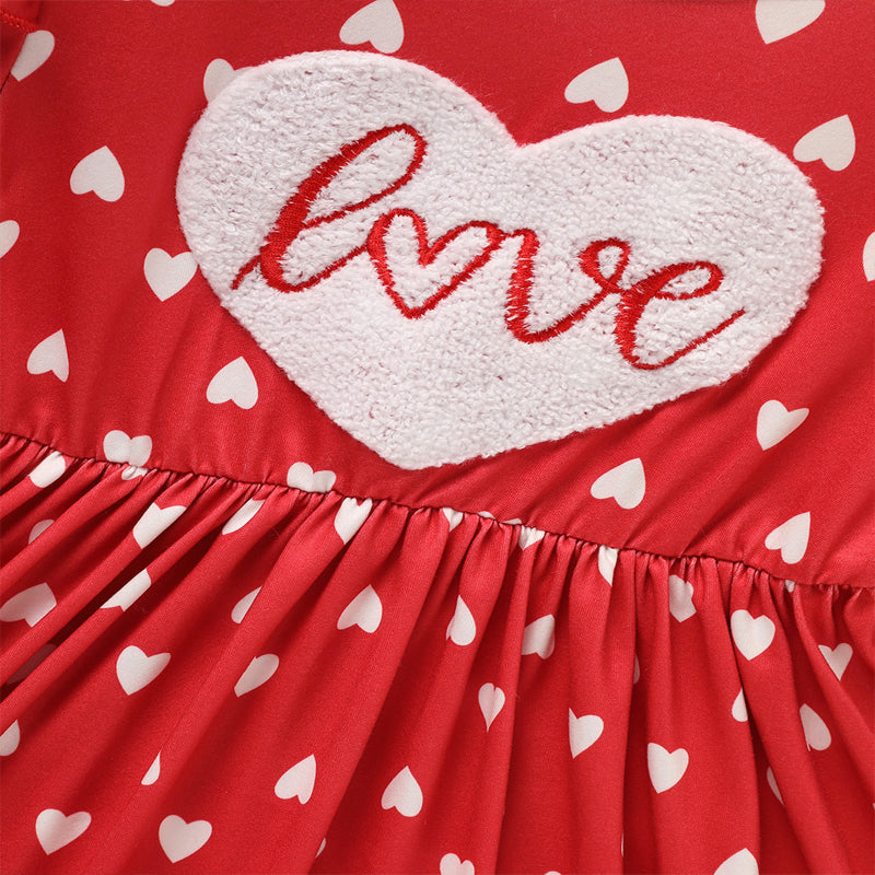 Toddler Girl's Cute 'LOVE' Embroidered Dress, Heart Print Long Sleeve