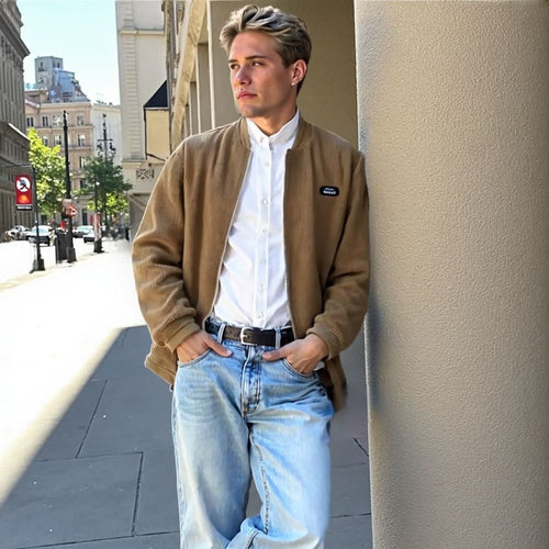 Men's Round Collar Winter Zipped Up Elbow Patch Jacket