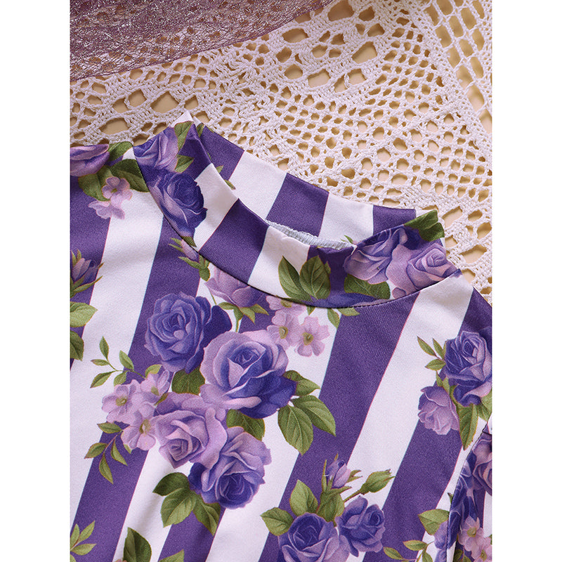 Toddler Girl Purple Rose Print Girls Outfit, Spring Fall Stripe Top