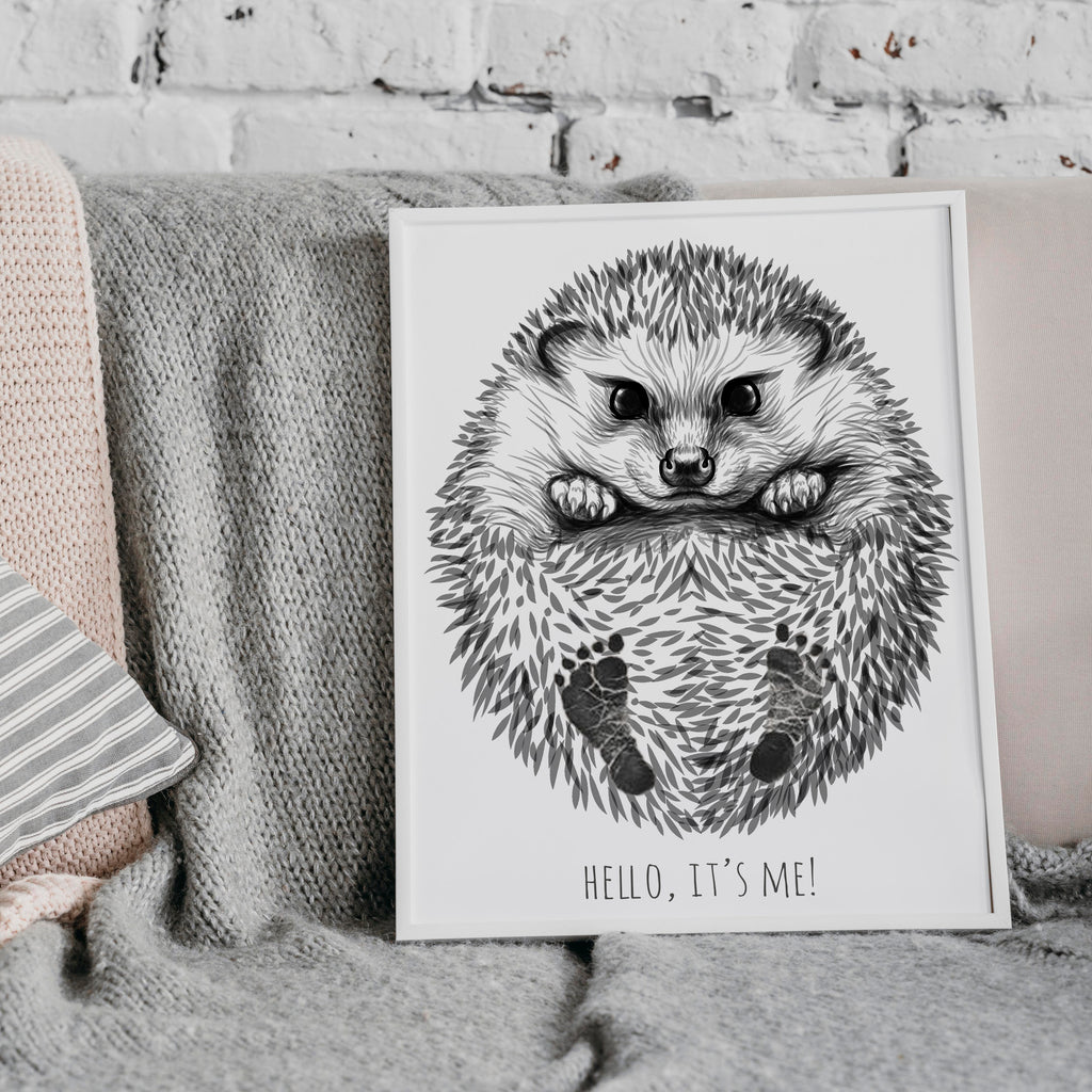 Personalised Baby Hedgehog Footprint Kit, A3 format, white