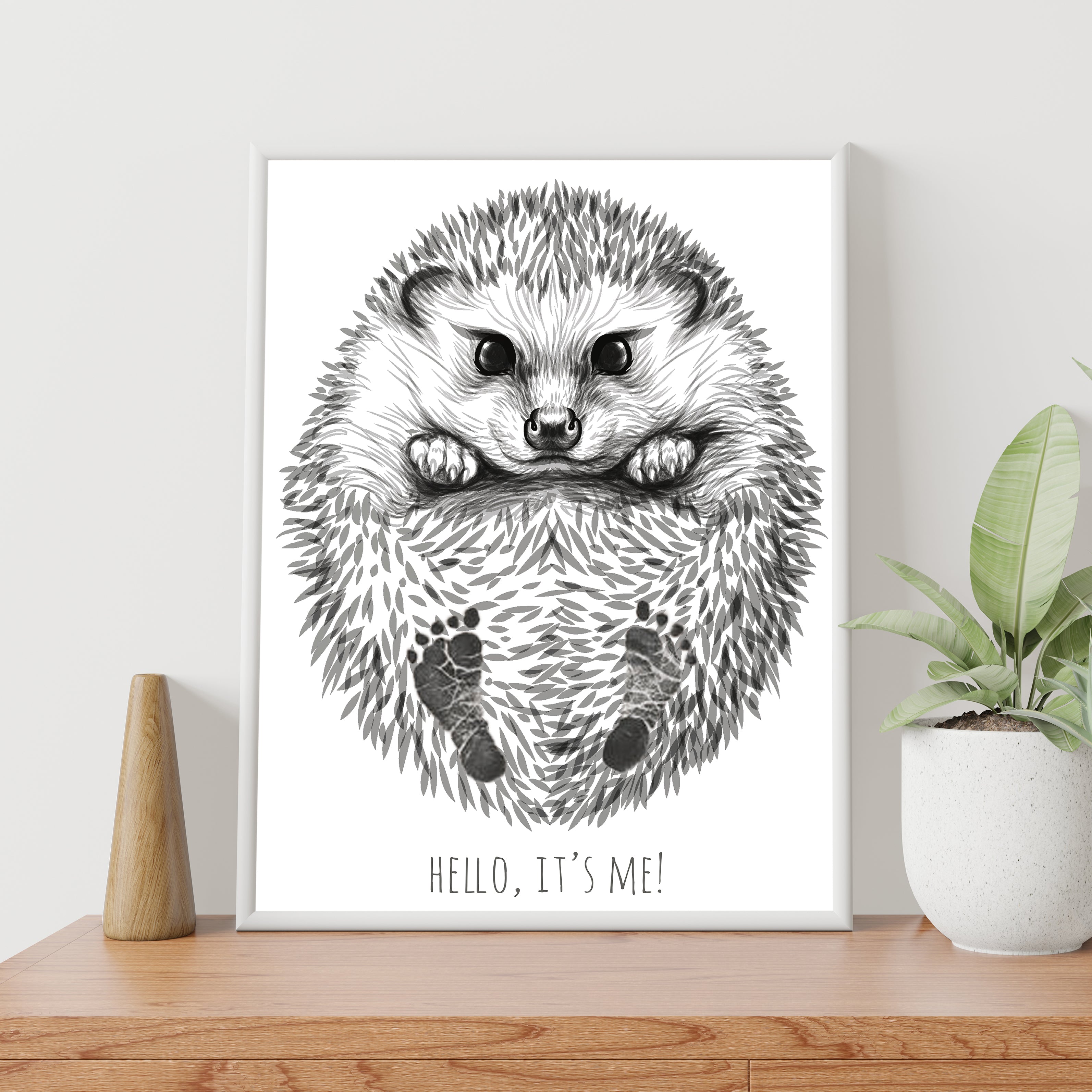 Personalised Baby Hedgehog Footprint Kit, A3 format, white