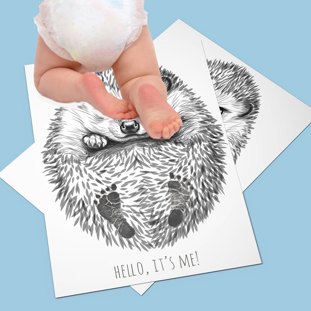 Personalised Baby Hedgehog Footprint Kit, A3 format, white