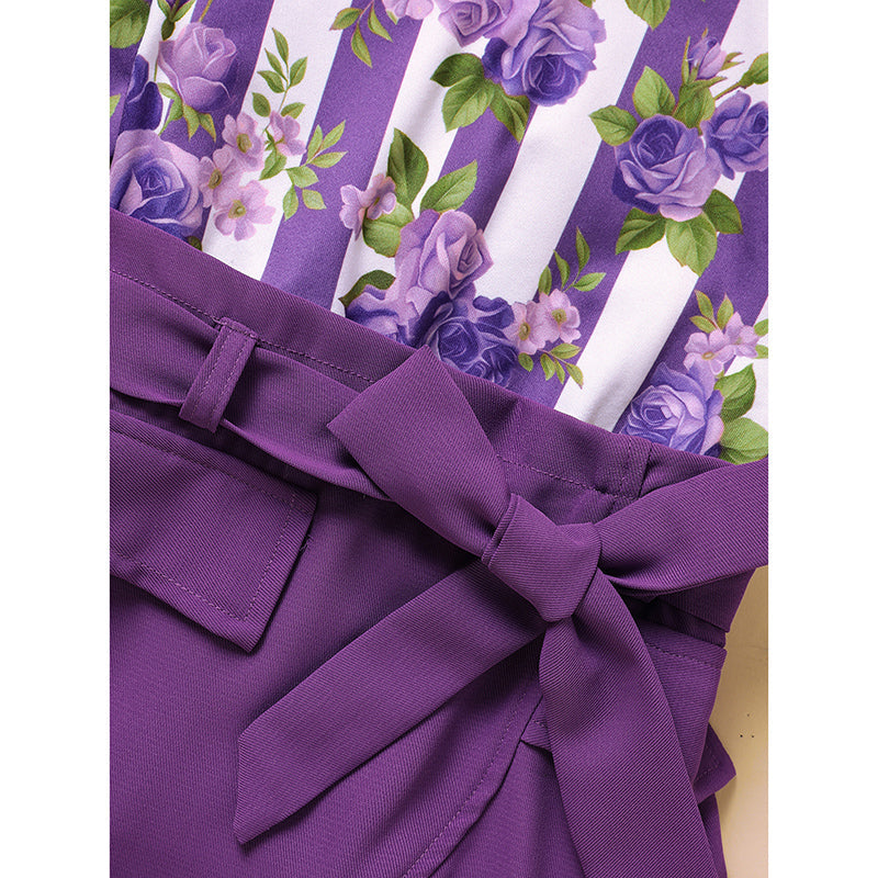 Toddler Girl Purple Rose Print Girls Outfit, Spring Fall Stripe Top