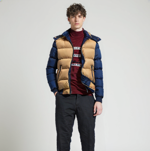 Men's Two-Tone Puffer Jacket with Removable Hood